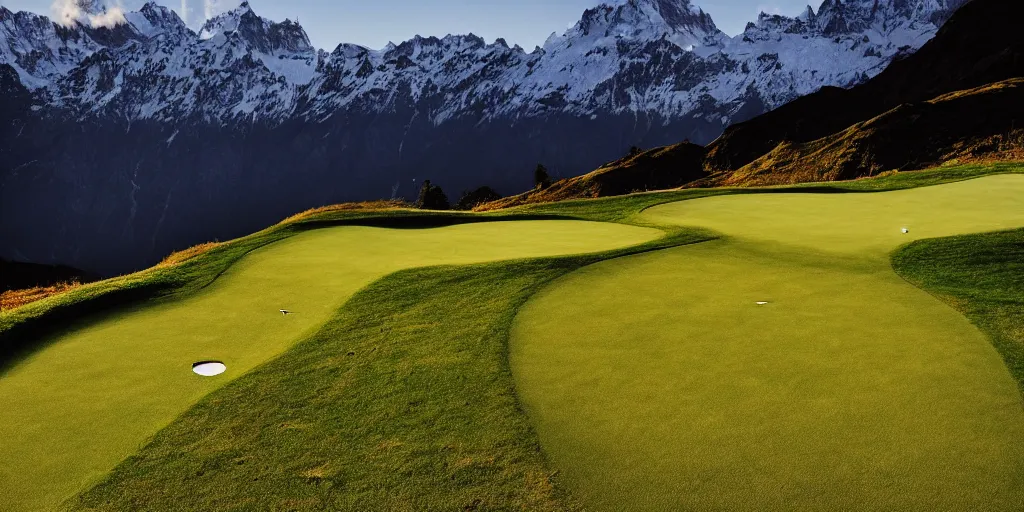 Image similar to a great photograph of the most amazing golf hole in the world, perfect light, steep drop, in the swiss alps, high above treeline, ambient light, 5 0 mm, golf digest, top 1 0 0, fog