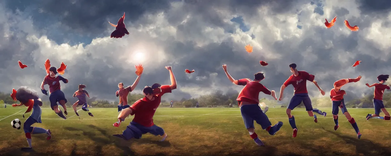Prompt: wide shot of 4 people throwing a chicken in the air on an run - down soccer field, hyperrealistic, volumetric lighting, giant clouds, godrays, 4 k, digital painting by akira toriyama, highly detailed background, trending on artstation