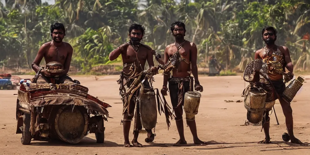 Image similar to sri lankan mad max style, bongo drum player, tuk tuk, film still, epic shot cinematography, rule of thirds