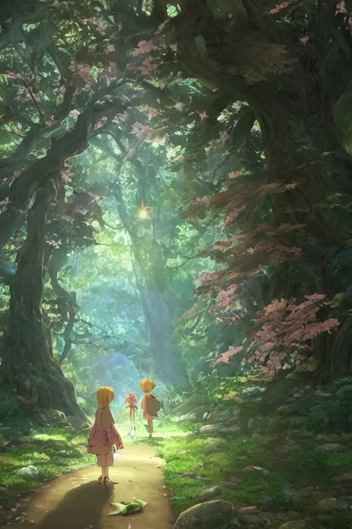 Image similar to forest path, fairy, beautiful ancient trees, hiding large treasure chest, glowing fireflies, serene evening atmosphere, soft lens, soft light, cel - shading, animation, in the style of cgsociety, deviantart, artstation, zbrush, cinema 4 d, studio ghibli, akihiko yoshida, atelier lulua, masamune shirow