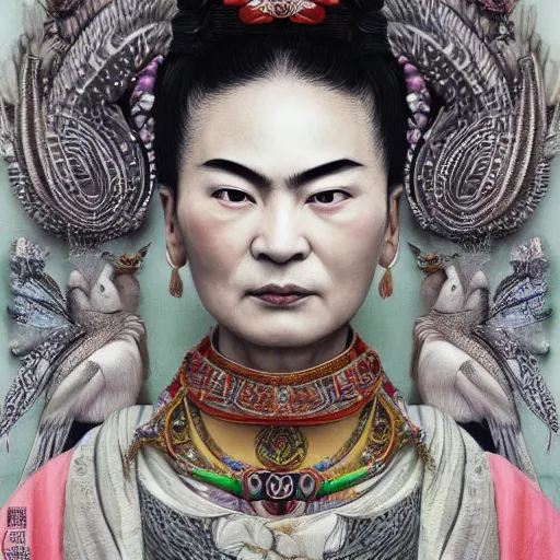 Image similar to ancient chinese goddess, luan bird, artstation, by frida kahlo, by yoshitaka amano, illustration, cinematic, closeup - view, cinecolor, insanely detailed and intricate, hypermaximalist, elegant, ornate, hyper realistic, super detailed, character design, symmetrical face