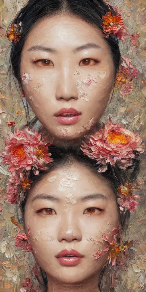 Prompt: very beautiful highly detailed and expressive oil painting of an asian woman's face dissolving into petals and flowers by james jean, masterpiece, dynamic lighting, intricate linework, 8 k, flowers