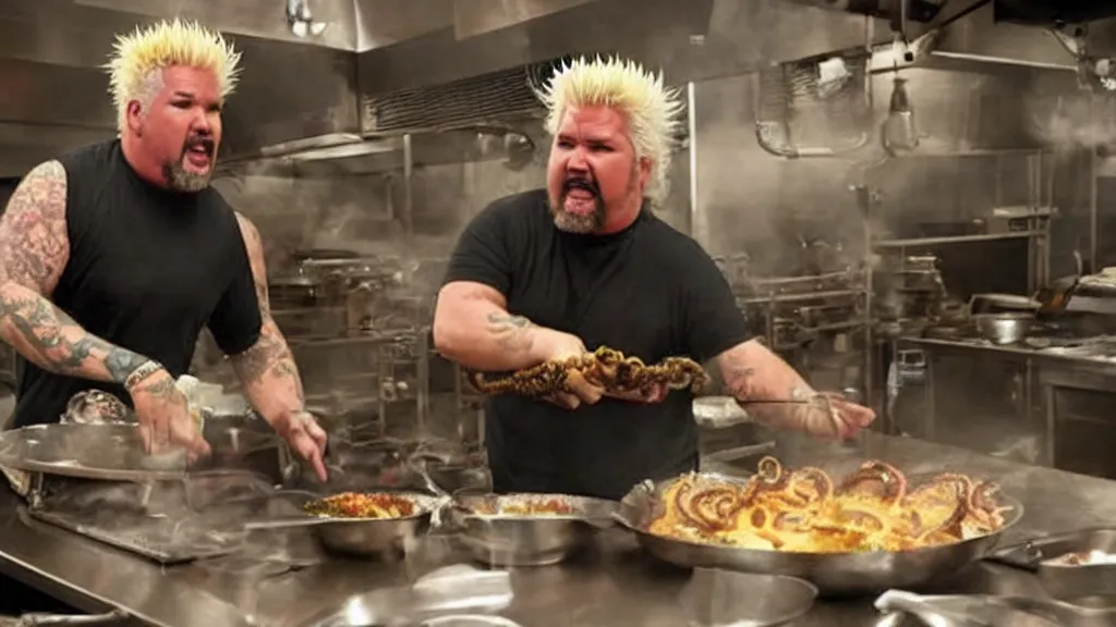 Image similar to guy fieri, turning into an eldritch horror monster, with tentacles, in a restaurant kitchen, film still from the movie directed by denis villeneuve with art direction by salvador dali