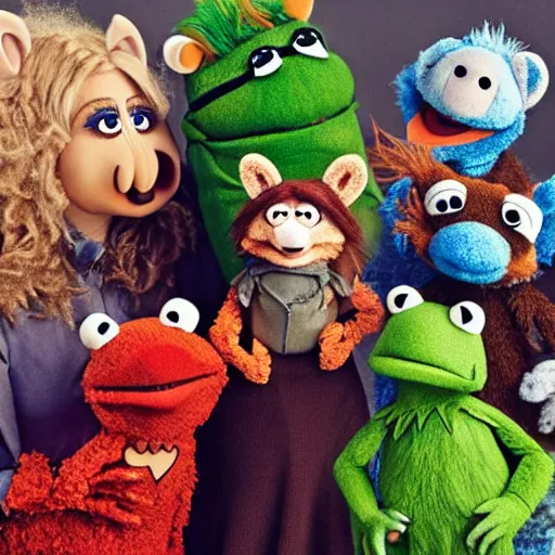 Prompt: a chibi fox muppet druid character wearing a hooded cloak holding a small muppet manatee in one arm and a muppet dinosaur cat in the other arm with a small herd of random muppet animals following behind, sesame street, photograph, photography, ultrarealistic, national geographic