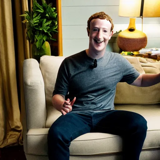 Prompt: mark zuckerberg sitting on a green sofa showing off a ziplock full of weed, blurry, low res