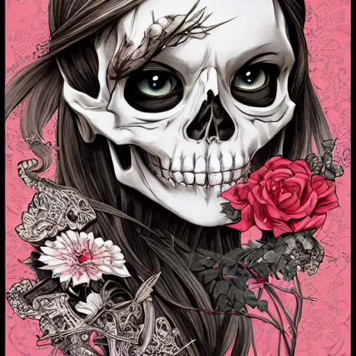 Image similar to anime manga skull portrait young woman, alice in wonderland, Disney, skeleton, intricate, elegant, highly detailed, digital art, ffffound, art by JC Leyendecker and sachin teng