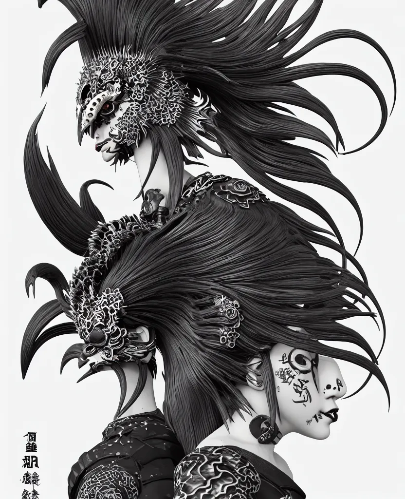 Image similar to 3 d goddess close - up profile portrait punk with mohawk with ram skull. beautiful intricately detailed japanese crow kitsune mask and clasical japanese kimono. betta fish, jellyfish phoenix, bio luminescent, plasma, ice, water, wind, creature, artwork by tooth wu and wlop and beeple and greg rutkowski