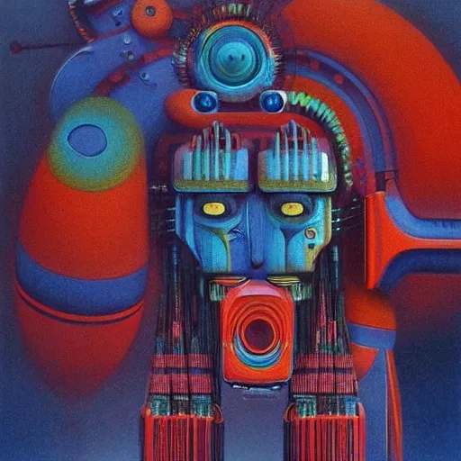 Image similar to portrait of a colourful tribal mecha robot, symmetrical, painting by zdzislaw beksinski,