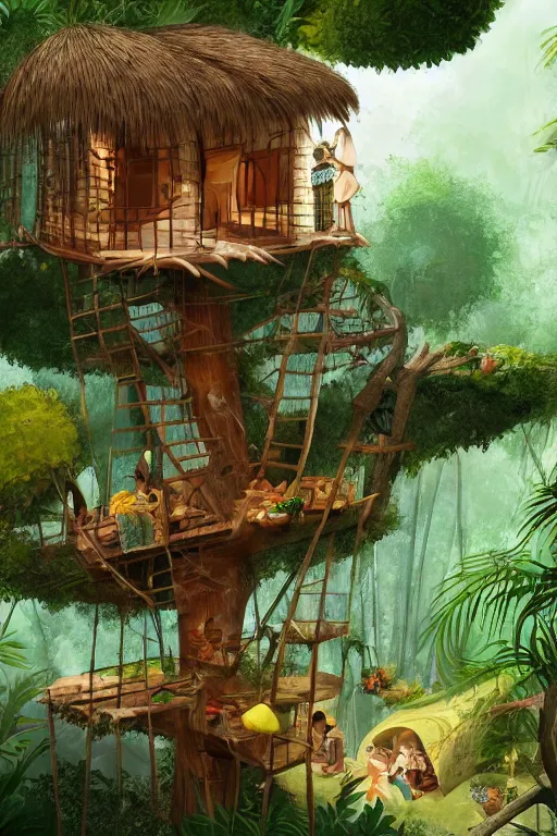 Image similar to a tree house in the jungle, a lady is making food, by alba ballesta gonzalez. 4 k wallpaper, digital 2 d, illustration.