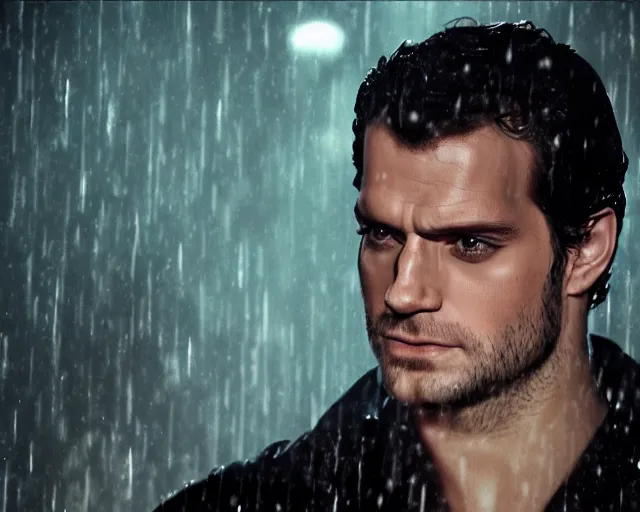 Prompt: closeup headshot of seductive henry cavill in the rain, bladerunner, backlit, night club, futurepunk, gta v, pinup, nagel, arney freytag, dark moody, cinematic, greg rutkowski, octane!