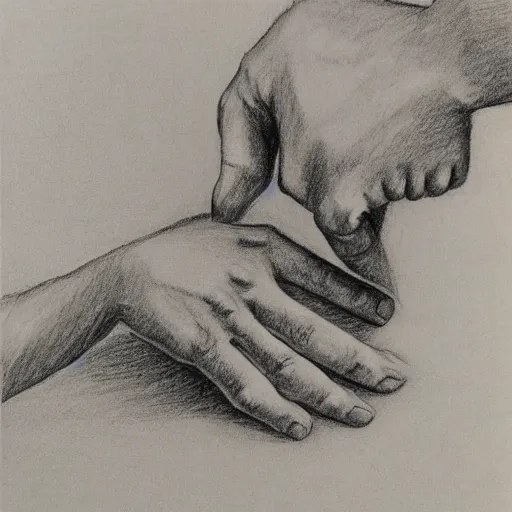 Image similar to M.C. Escher two hands drawing each other with a pencil