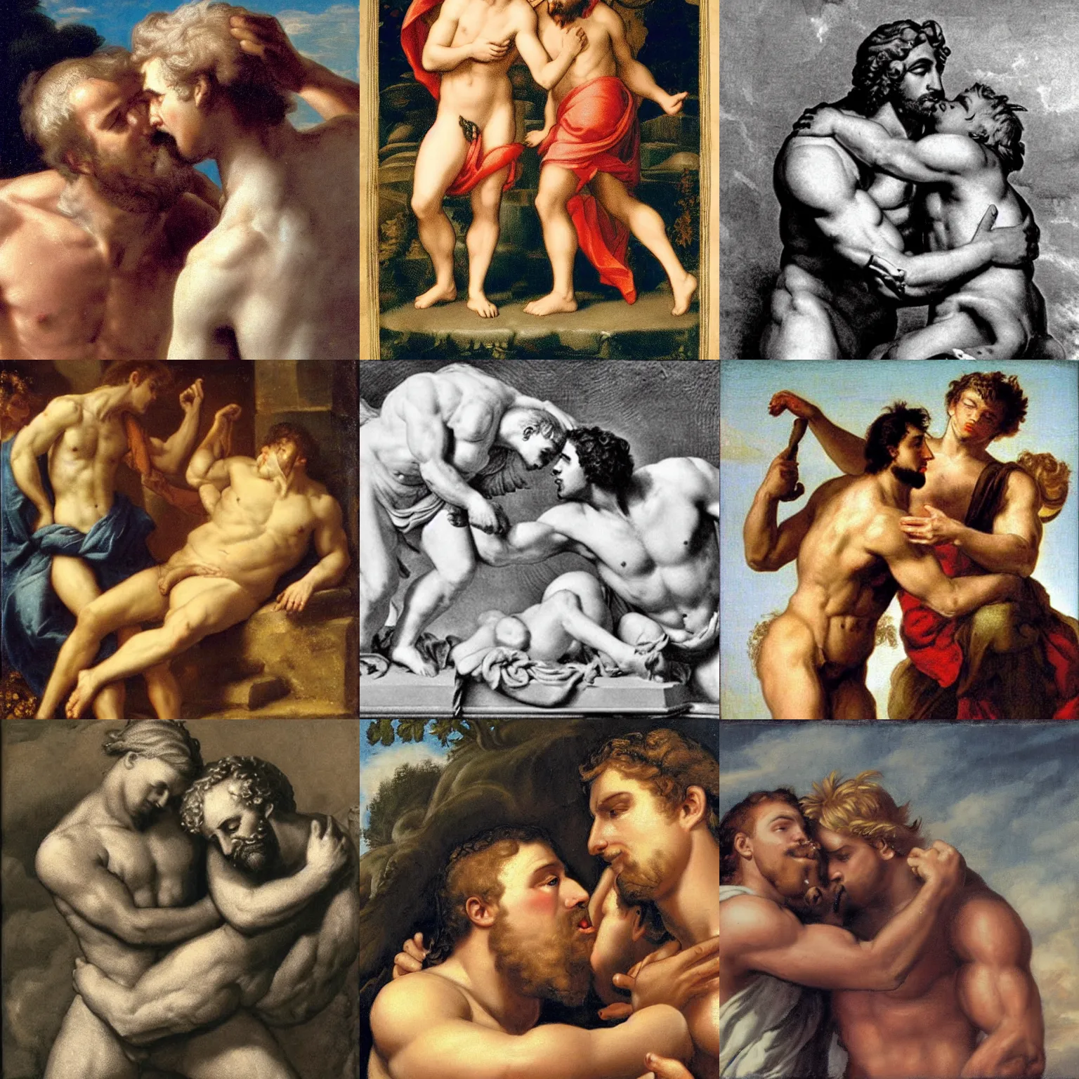 Prompt: Hercules and Zeus french-kissing