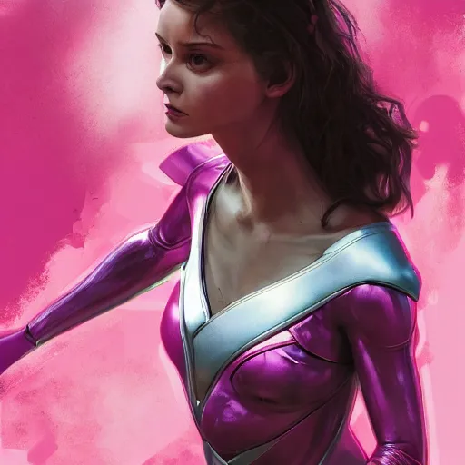 Image similar to Pink Power Ranger physically accurate, dynamic lighting, intricate, elegant, highly detailed, digital painting, artstation, HR GIGER, Hieronymus Bosch, Francis Bacon, concept art, smooth, sharp focus, illustration, art by artgerm and greg rutkowski and alphonse mucha