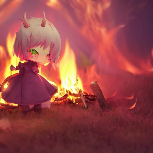 Image similar to cute fumo plush manic happy pyromaniac girl giddily starting a huge bonfire in the forest, horned demon imp girl, stylized pbr anime shader, burning flames, warm glow and volumetric smoke vortices, filmic, rule of thirds composition, vignette, vray