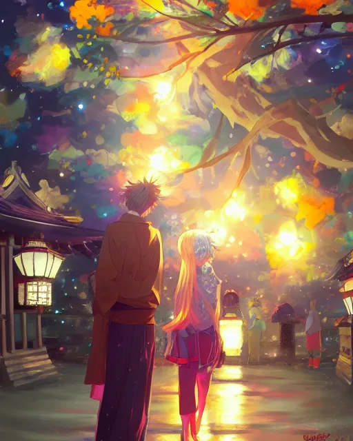 Image similar to beautiful anime painting of a boy and a blonde girl from behind at a shinto shrine looking up at the night sky illuminated by colorful new years fireworks, by WLOP and Slawek Fedorczuk and rossdraws, trending on artstation, concept art