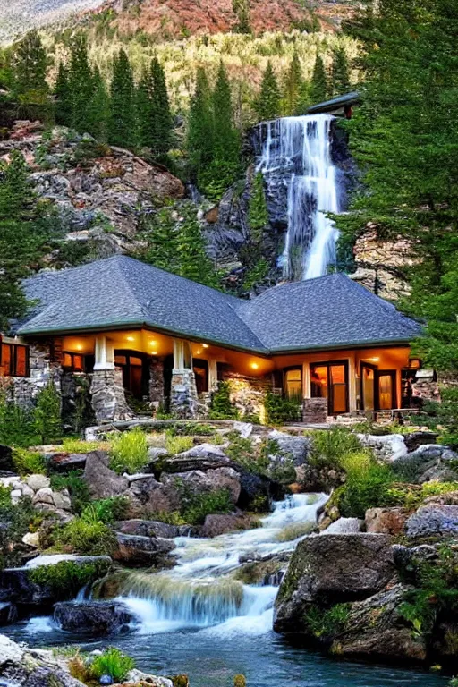 Image similar to Beautiful mountain side ranch, waterfall, modern mansion