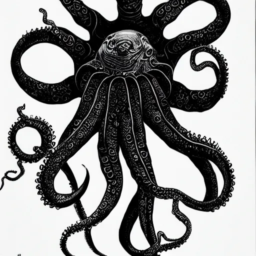 Image similar to black ink on paper, alien octopus, trending on artstation, beautiful, intricate, detailed