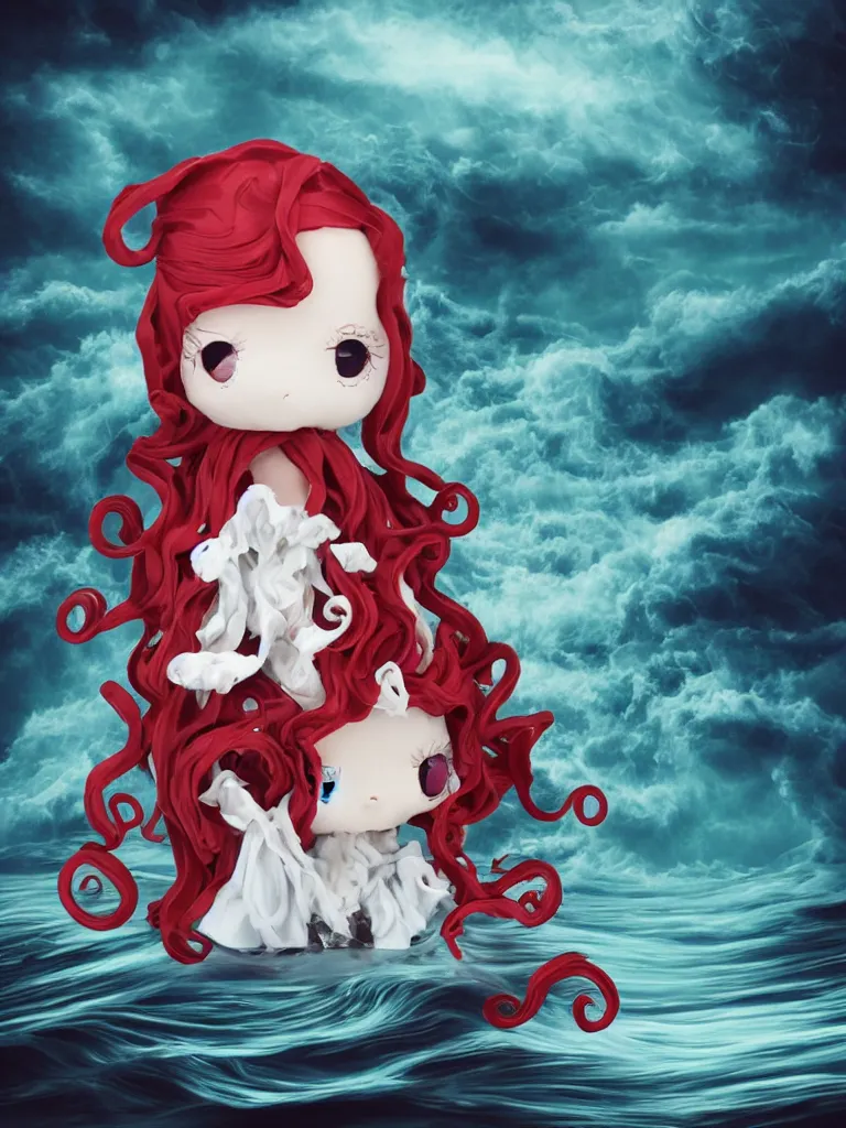 Prompt: cute fumo plush chibi gothic octopus maiden princess boy washing his hair in the waves of the wavering dark galactic abyss, long black and red ruffled intricate dress with ribbons, ocean wave thunderstorm and reflective splashing water, wisps of smoke and haze and volumetric fog, ocean simulation, vignette, vray