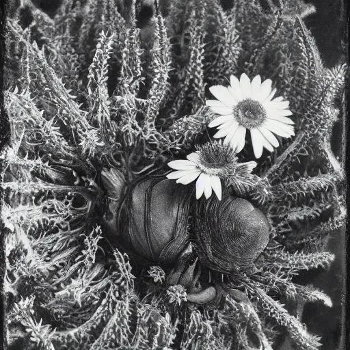 Image similar to tardigrade!!! daguerreotype portrait photograph. inspired by gerard grom and ansel adams. floral theme. beautiful. highly detailed. old timey.