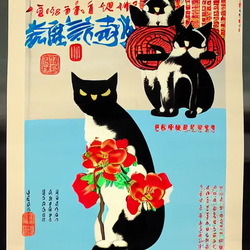 Image similar to chinese propaganda poster with a cat as the centerpiece