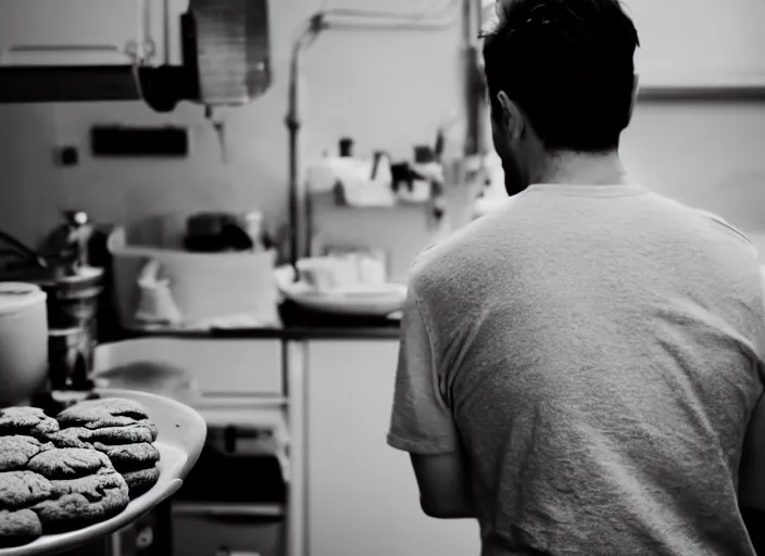 Image similar to a 3 5 mm photo from the back of a man making cookies, splash art, movie still, bokeh, canon 5 0 mm, cinematic lighting, dramatic, film, photography, golden hour, depth of field, award - winning, anamorphic lens flare, 8 k, hyper detailed, 3 5 mm film grain