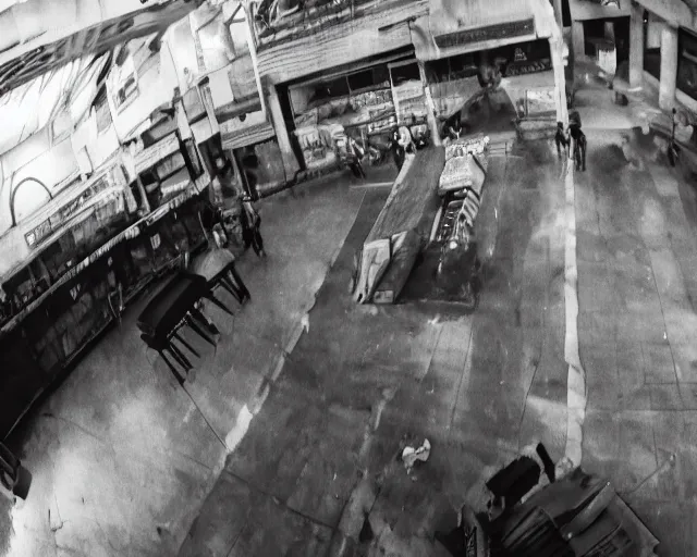 Prompt: camera footage of a Titan of Attack on Titan in an abandoned shopping mall, high exposure, dark, monochrome, camera, grainy, CCTV, security camera footage, timestamp, zoomed in, fish-eye lense, Titan, Attack on Titan,