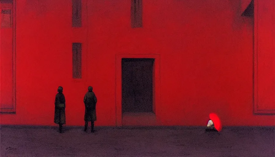 Image similar to only with red, soviet communism city cold atmosphere and with soviet flag, in the style of beksinski, by edward hopper and rodcenko and yue minjun and cory loftis, intricate and epic composition, red by caravaggio, highly detailed, masterpiece, red light, artstation, art nouveau