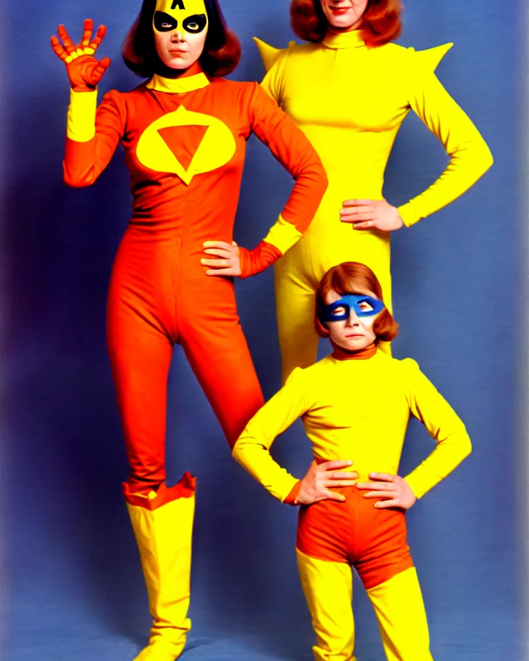 Image similar to new marvel superhero named captain marigold, not cropped, orange and yellow costume, 1 9 7 0 s photo