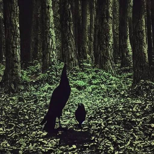 Image similar to !!!!!! werecreature consisting of a crow and a human, photograph captured in a dark forest