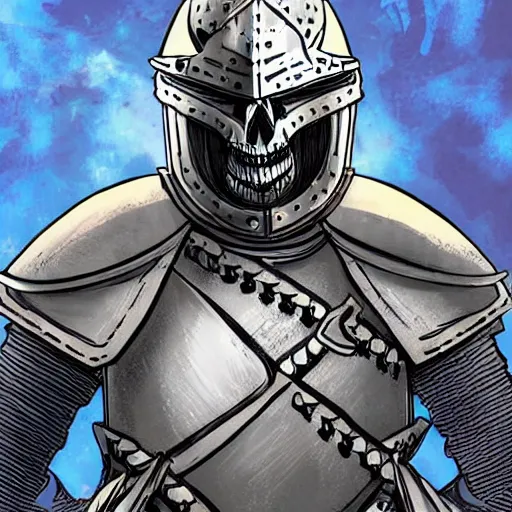 Prompt: armored knight wearing skull shaped helmet with blue flaming eyes, dungeons and dragons illustration