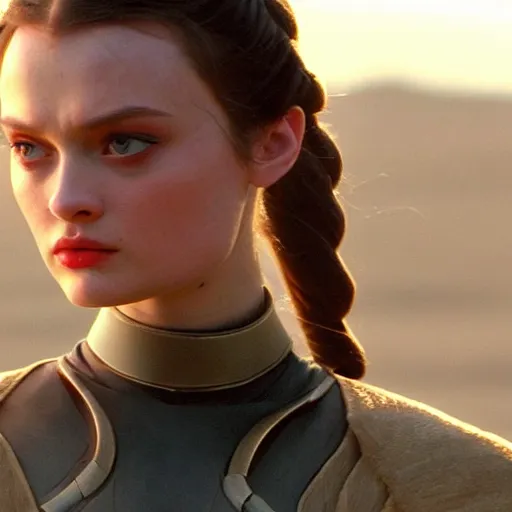 Image similar to bella heathcote as padme amidala at the battle of geonosis, golden hour, cinematic