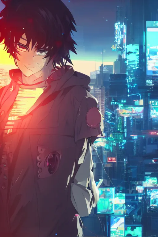 Prompt: beautiful anime man with grin on his face in a cyberpunk environment, sunset, very accurate and detailed, 8k