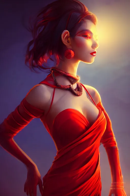 Prompt: beautiful fashion human looking alien in red saree,, in the style of artgerm, and wlop, chanel jewelry, cinematic lighting, hyperdetailed, 8 k realistic, symmetrical, global illumination, radiant light, love and mercy, frostbite 3 engine, cryengine, dof, trending on artstation, digital art, crepuscular ray