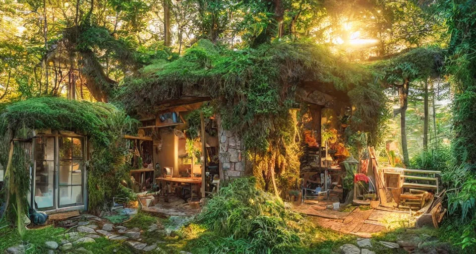 Image similar to a cozy mancave with an overgrown entrance, studio Ghibli style, golden hour