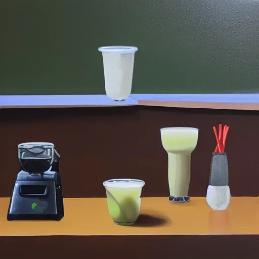 Image similar to still life of a boba tea next to a cash register on the counter, Noah Verrier, 2022, oil painting, muted lighting, award-winning, trending on twitter