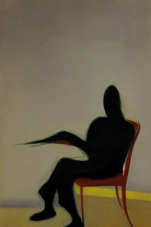 Prompt: dark figure seated on chair, face covered with veil, fog, early morning, , painted by Edward Hopper and Francis Bacon, painted by Wayne Barlow, airbrush, art by TakatoYamamoto