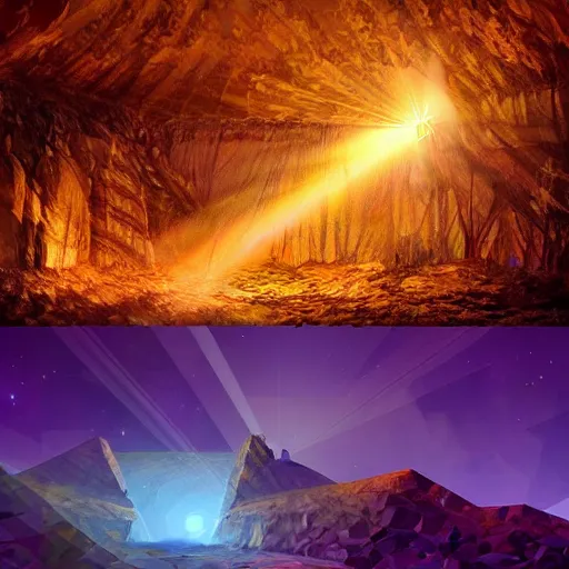 Image similar to a diamond mine, lots of diamonds unearthed, a lights is being reflected all around the dark cave mine, luminous Color’s, murial art, concept art.