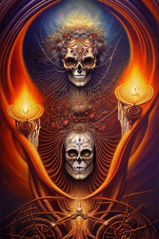 Image similar to A beautiful detailed orixa, tarot card, by tomasz alen kopera and Justin Gerard, symmetrical features, ominous, magical realism, texture, intricate, ornate, royally decorated, skull, skeleton, whirling smoke, embers, red adornements, red torn fabric, radiant colors, fantasy, trending on artstation, volumetric lighting, micro details, 3d sculpture, ray tracing, 8k, anaglyph effect