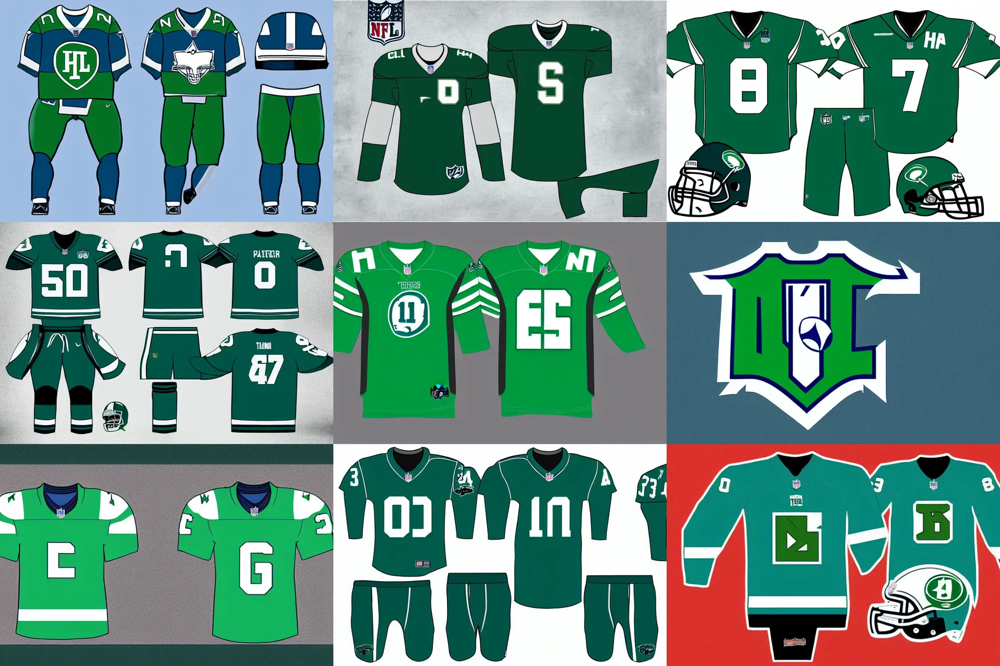 Prompt: nfl team design for the hartford whalers, green and blue color scheme, template sheet, jersey, pants, helmet