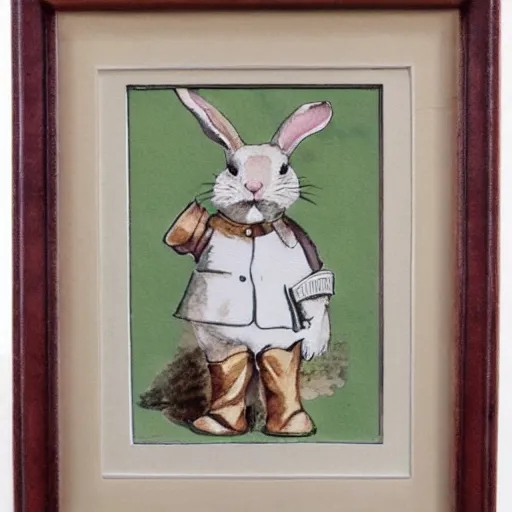 Image similar to a rabbit wearing a white ww1 uniform, watercolour