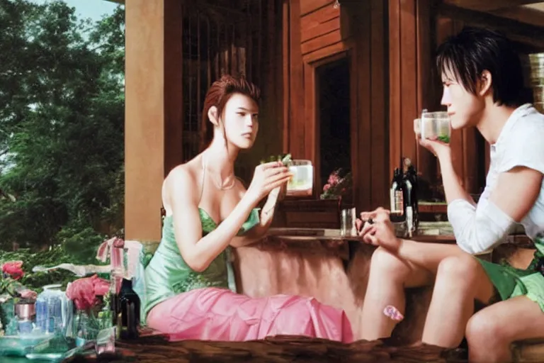 Image similar to makoto kusanagi and aerith gainsbourgh share drinks on the veranda, photographed by annie liebovitz