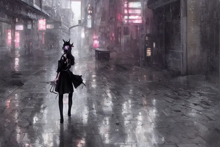 Image similar to woman with cat ears wearing a black lace dress and thigh highs walking in a depressing soviet city, expressive oil painting, digital anime art, highly detailed, character art, beautiful face, by yoshitaka amano, by greg rutkowski, by conrad roset, volumetrics, octane render, rainy street