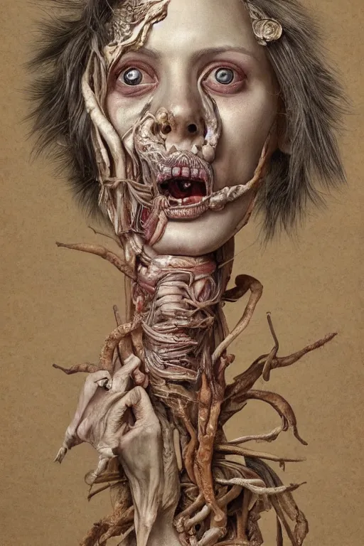 Image similar to Detailed maximalist portrait of a greek god with large lips and eyes, scared expression, botanical anatomy, skeletal with extra flesh, HD mixed media, 3D collage, highly detailed and intricate, surreal illustration in the style of Jenny Saville, dark art, baroque, centred in image