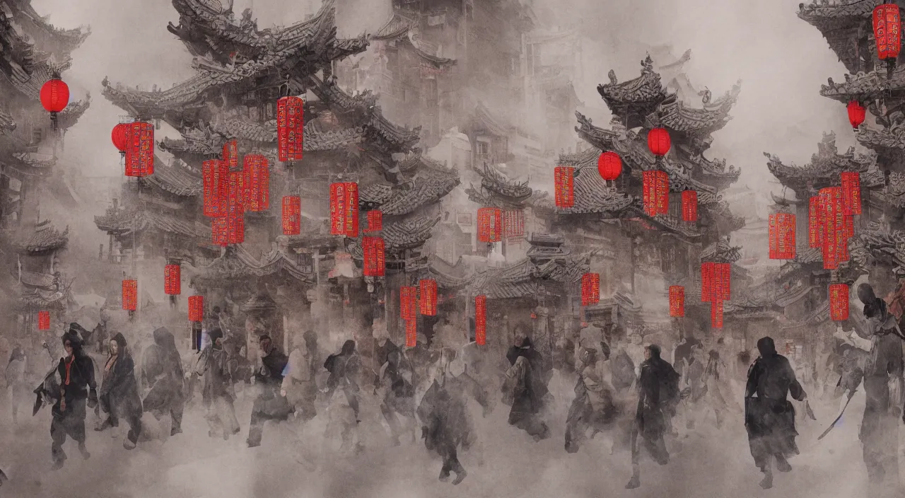 Image similar to on the night of the chinese new year's day, many chinese ghosts wander in the ancient chinese streets. the guiding line composition method, the tindal effect, the soft light, the cool color, by wu jinyuan, trending on artstation