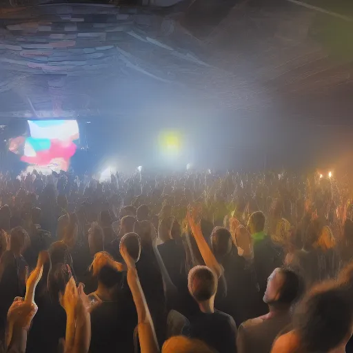 Prompt: A professional event protographer's photo of an Algorave event, taken from aside the podium of the event venue. In frame is a partying crowd and in the front right we see two livecoding artists and a very bright big screen with livecoded visuals projected on it. Focus on the performing artists and the faces of the people in the crowd. Extremely detailed faces. 8k resolution, octane renderer