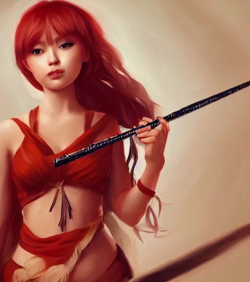 Image similar to a woman playing flute, full body shot, red hair, highly detailed, digital painting, artstation, concept art, smooth, sharp focus, illustration