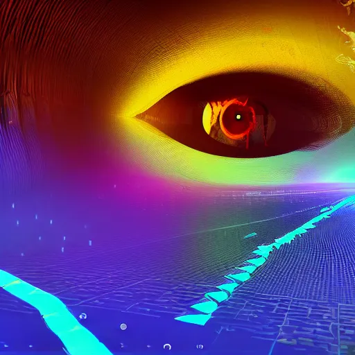 Image similar to a glitch in the metaverse, rasing of consciousness, dilated pupil, a path to the unknown, digital art, blender, glitchart, unreal engine