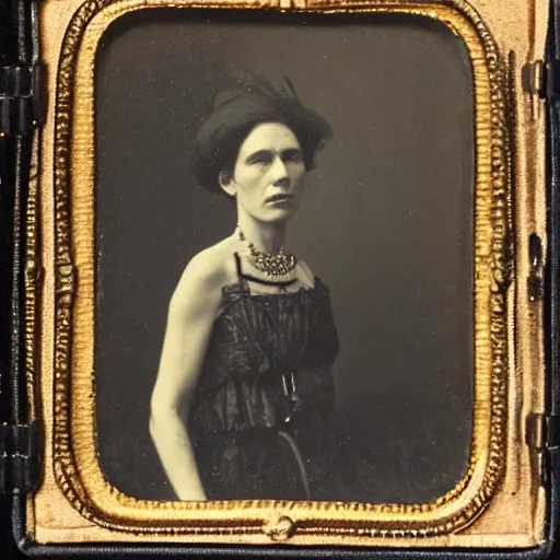 Prompt: a late 1 9 th century, thirtysomethins years old, austro - hungarian woman ( with termed kyphosis, wart and messy, brown hair, black hat, bun, looks very similar to cate blanchett ), daguerreotype by emil rabending