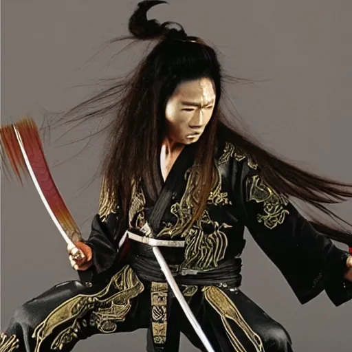 Prompt: Demon, yokai, kung fu, wuxia, xianxia, glam metal hair, Jiang sword, wild hair, 1983 cinematic, live action