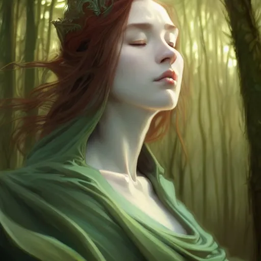 Prompt: wide angle, cloaked woman, white green brown blue color palette, eyes closed, forest, female, d & d, fantasy, intricate, elegant, highly detailed, long red hair, digital painting, artstation, octane render, concept art, matte, sharp focus, illustration, hearthstone, art by artgerm, alphonse mucha johannes voss